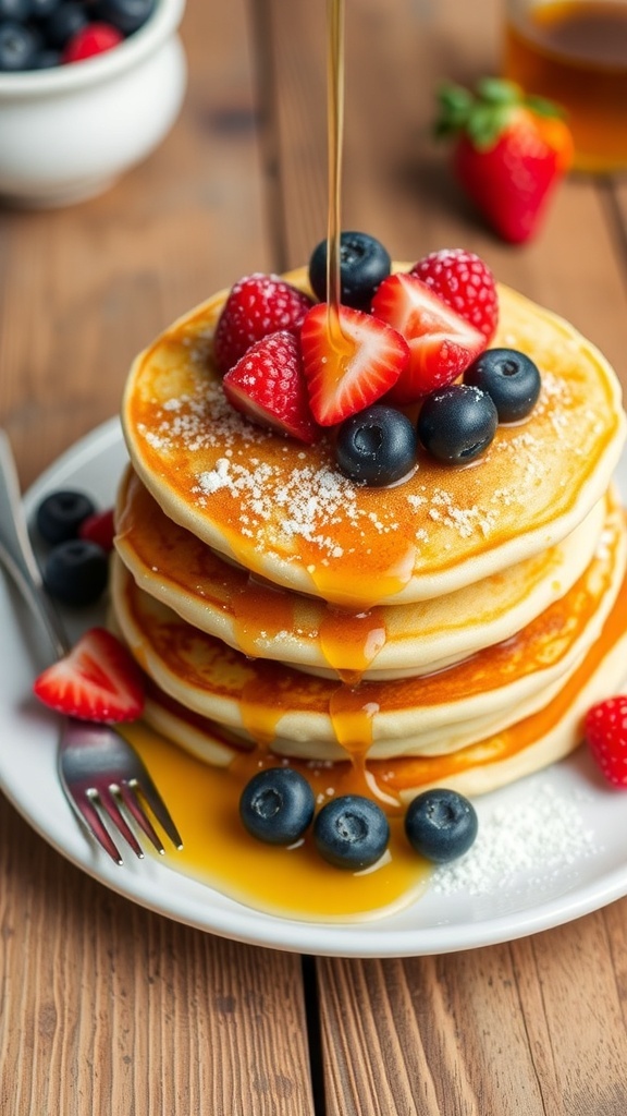 Fluffy yogurt pancakes topped with berries and syrup on a rustic table.